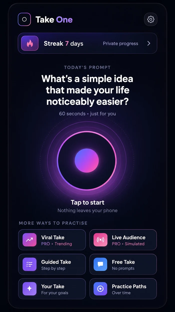 Take One home screen showing Today’s Prompt and private practice options
